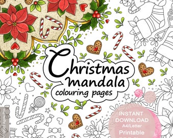 Christmas Mandala Colouring Pages for Adults. Set of 3. Printable PDF. Instant download.