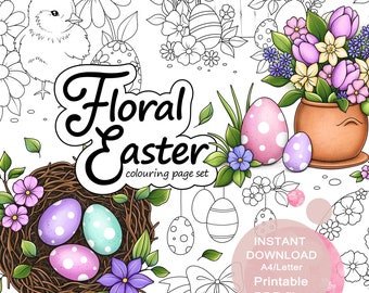 Ensemble de pages à colorier florales de Pâques pour adultes. 18 petites illustrations et 2 pleines pages. PDF imprimable. Téléchargement instantané.