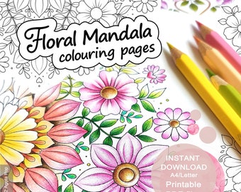 Floral Mandala Colouring Pages for Adults. Set of 3. Printable PDF. Instant download.