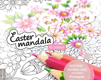 Mandala de Pâques avec des fleurs et des œufs. Coloriage pour adultes. PDF imprimable. Téléchargement instantané.