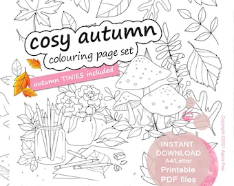 Cosy Autumn Colouring Page Set for Adults. TINIES INCLUDED. Printable PDF. Instant download.