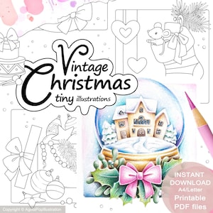 Vintage Christmas Colouring Page Set for Adults. 24 tiny illustrations. Printable PDF. Instant download.