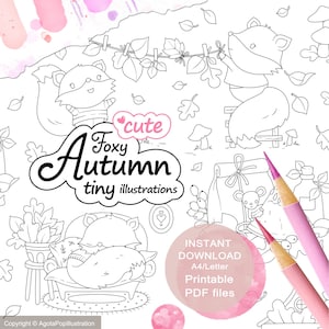 大人と子供向けのかわいいキツネの秋の小さなぬり絵ページ セット。23 の小さなイラスト。印刷可能な PDF。すぐにダウンロードできます。