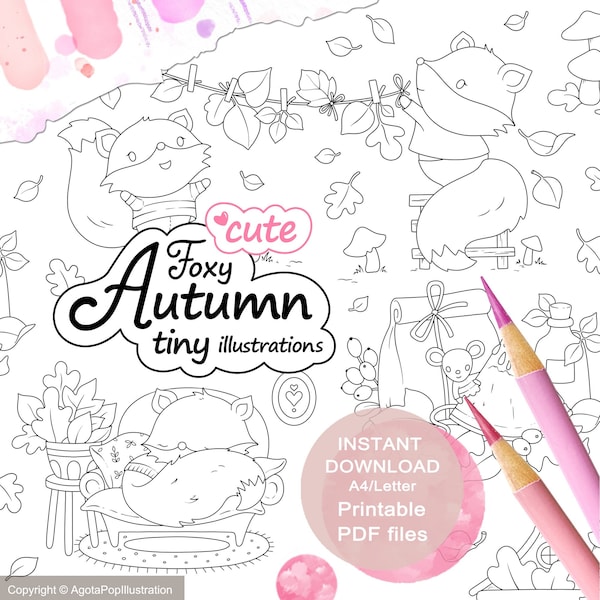 Lindo conjunto de páginas para colorear Foxy Autumn Tinies para adultos y niños. 23 pequeñas ilustraciones. PDF imprimible. Descarga instantánea.