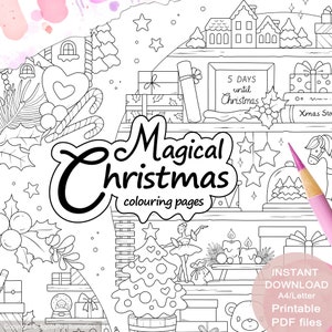 Magical Christmas Colouring Page Set for Adults. 3 pages. Printable PDF. Instant download.