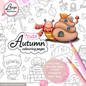 子供、大人、高齢者向けのかわいい秋の塗り絵ページ セット。24 枚の大きなイラスト。印刷可能な PDF。すぐにダウンロードできます。