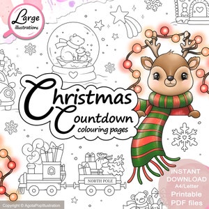 Christmas Countdown Colouring Page Set for Kids, Adults, Seniors. 24 large illustrations. Printable PDF. Instant download.