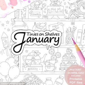 Tinies on Shelves JANUARY Colouring Page Set for Adults. 3 pages. Printable PDF. Instant download.