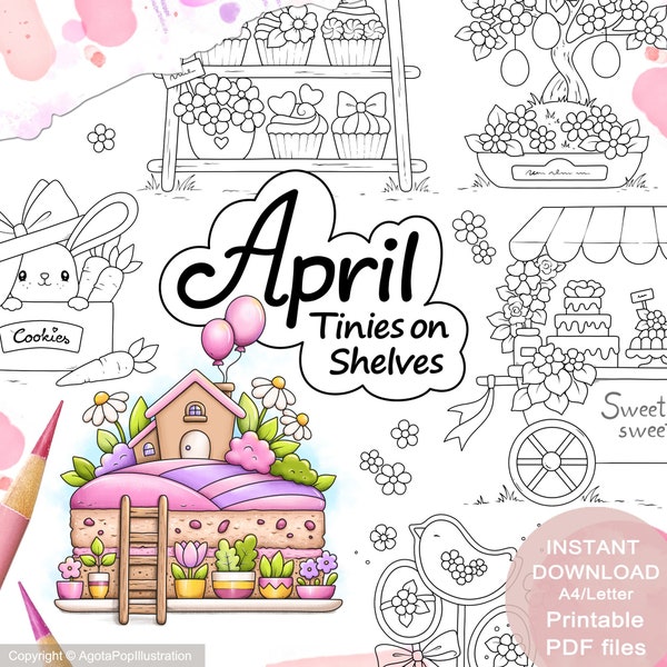 Tinies on Shelves APRIL Colouring Page Set for Adults. 4 pages. Printable PDF. Instant download.