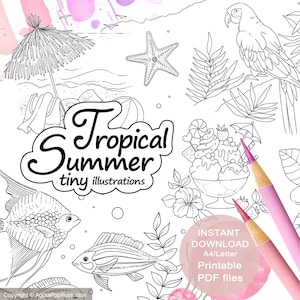 Tropical Summer Tiny Illustrations to Colour for Adults. Underwater World, Tropical Islands and more. Printable PDF. Instant download.