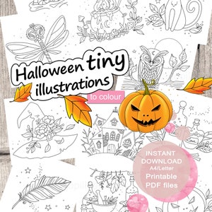 Ilustraciones diminutas de Halloween para colorear para adultos. Conjunto de 18 adorables ilustraciones diminutas. PDF imprimible. Descarga instantánea.