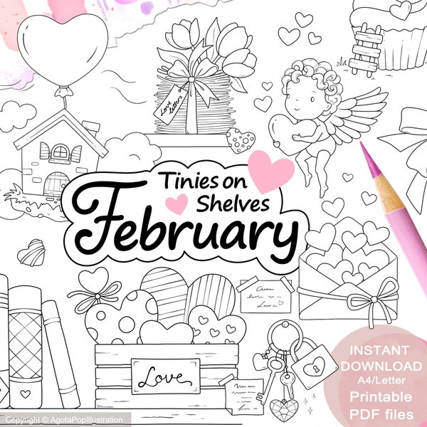 Tinies on Shelves FEBRUARY Colouring Page Set for Adults. 4 pages. Printable PDF. Instant download.