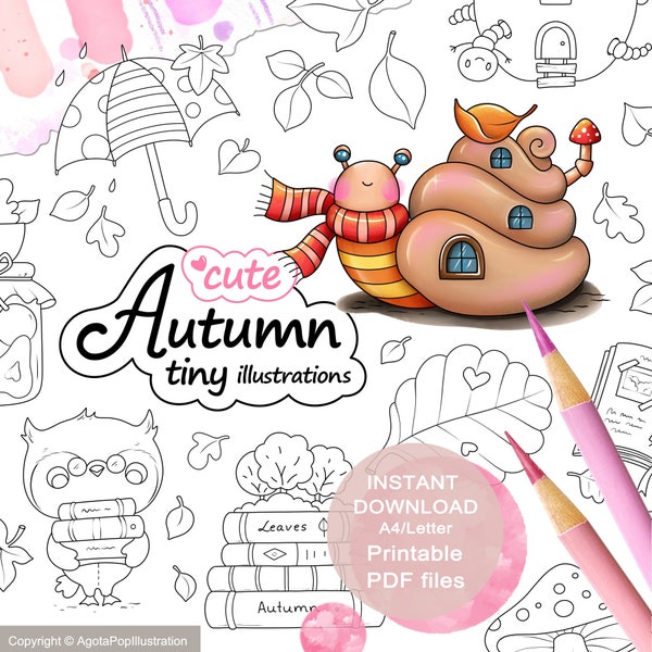 Lindo conjunto de páginas para colorear Autumn Tinies para adultos. 24 pequeñas ilustraciones. PDF imprimible. Descarga instantánea.