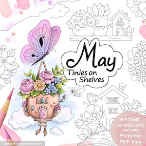 MAY Tinies auf Regalen Malseiten Set: Kleine Häuser, florales Thema (Druckbare PDF)