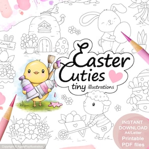 Easter Cuties Colouring Page Set for Adults. 24 tinies and a full-page illustration. Printable PDF. Instant download.