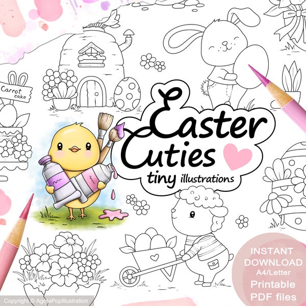 Easter Cuties Colouring Page Set for Adults. 24 tinies and a full-page illustration. Printable PDF. Instant download.