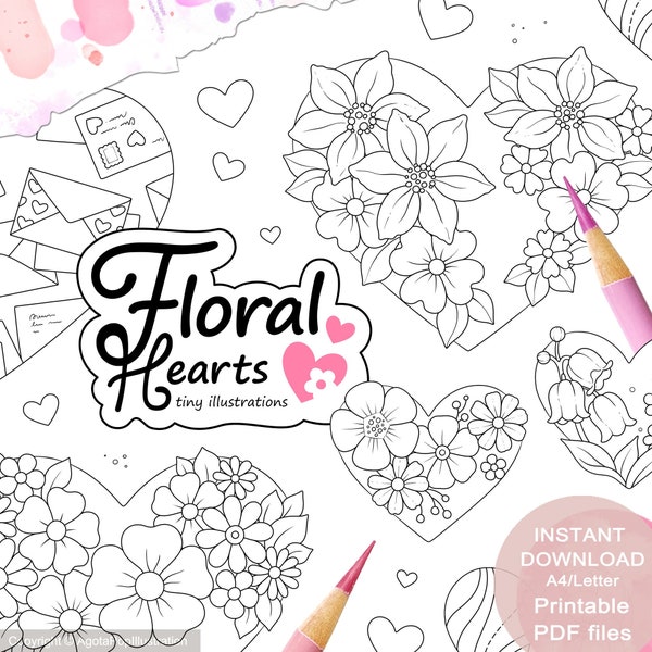 Tiny Floral Hearts Colouring Page Set for Adults. 21 tiny illustrations. Printable PDF. Instant download.