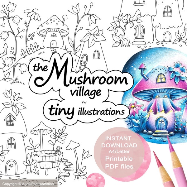The Mushroom Village Tiny Illustrations Colouring Page Set for Adults. 20 tiny illustrations. Printable PDF. Instant download.