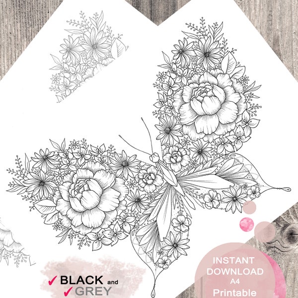 Floral Butterfly Coloring Page for Adults.  Printable PDF. Instant download.