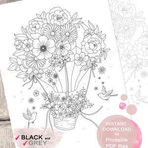 Floral Air Balloon Colouring Page for Adults. Printable PDF. Instant download. image 1