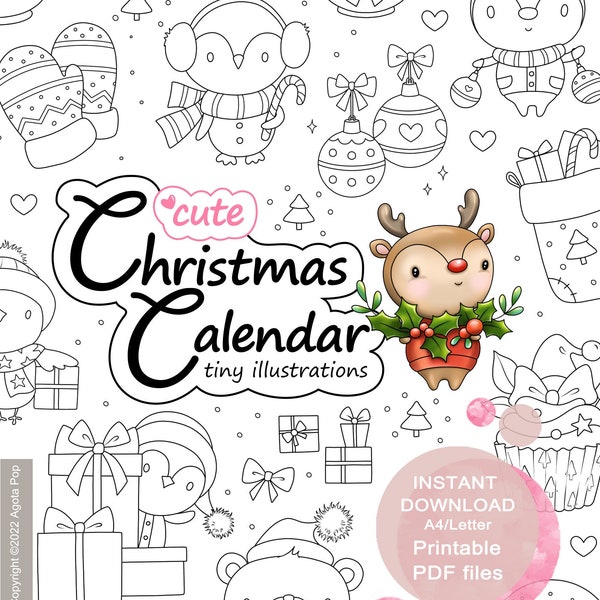 Cute Christmas Calendar Colouring Page Set for Adults and Kids. 24 tiny illustrations. Printable PDF. Instant download.