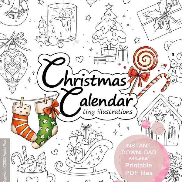 Christmas Calendar Colouring Page Set for Adults. 24 tiny illustrations. Printable PDF. Instant download.