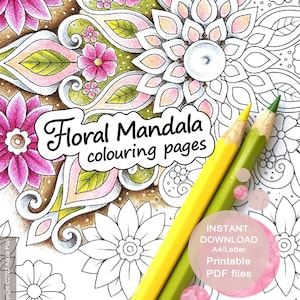 Floral Mandala Colouring Pages for Adults. Set of 3. Printable PDF. Instant download.