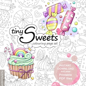 Sweets Coloring Page Set: Tiny Illustrations, Full Page Candy Wreath (PDF Download)