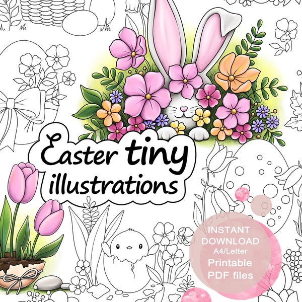 Easter Tiny Illustrations to Colour for Adults. 12 Tinies. Printable PDF. Instant download.