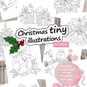 Niedliche Weihnachts Illustrationen zum Ausmalen für Erwachsene. Set aus 24 Tinies. Druckbares PDF. Sofortiger Download.