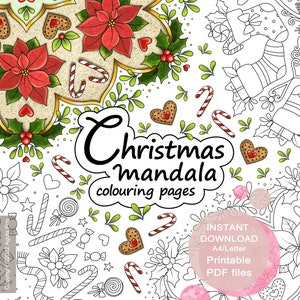 Kerstmandala kleurplaten voor volwassenen. Set van 3. afdrukbare pdf. Direct downloaden.