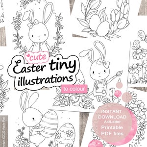 Puede incluir: Un conjunto de páginas para colorear de Pascua imprimibles con lindas ilustraciones de conejos. Las páginas incluyen un conejo sosteniendo un huevo, un conejo pintando un huevo y un conejo con una corona de flores. El texto "cute Easter tiny illustrations to colour" está incluido en la página.