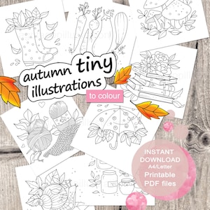 Kleine herfstillustraties om in te kleuren voor volwassenen. Set van 18 stuks. Afdrukbare pdf. Direct downloaden.