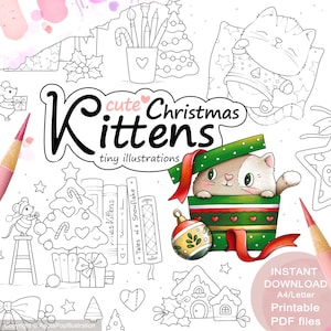 Puede incluir: Ilustración digital con el texto "cute Christmas Kittens tiny illustrations". La imagen muestra un gatito en una caja de regalo, un gatito durmiendo, adornos navideños y otros dibujos festivos. Un lápiz rosa está en primer plano.