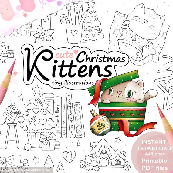 Christmas Kittens Coloring Page Set – Tiny Illustrations (Printable PDF)