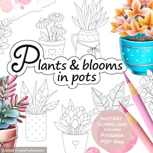 May include: A printable coloring page featuring a collection of plants and flowers in pots. The page includes a variety of designs, such as a succulent, a fern, a bouquet of flowers, and a potted plant with leaves. The text "Plants & blooms in pots" is written in a decorative font at the top of the page.