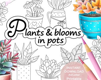 Winzige Pflanzen und Blüten in Töpfen zum Ausmalen für Erwachsene. 27 Miniaturen Druckbares PDF. Sofortiger Download.