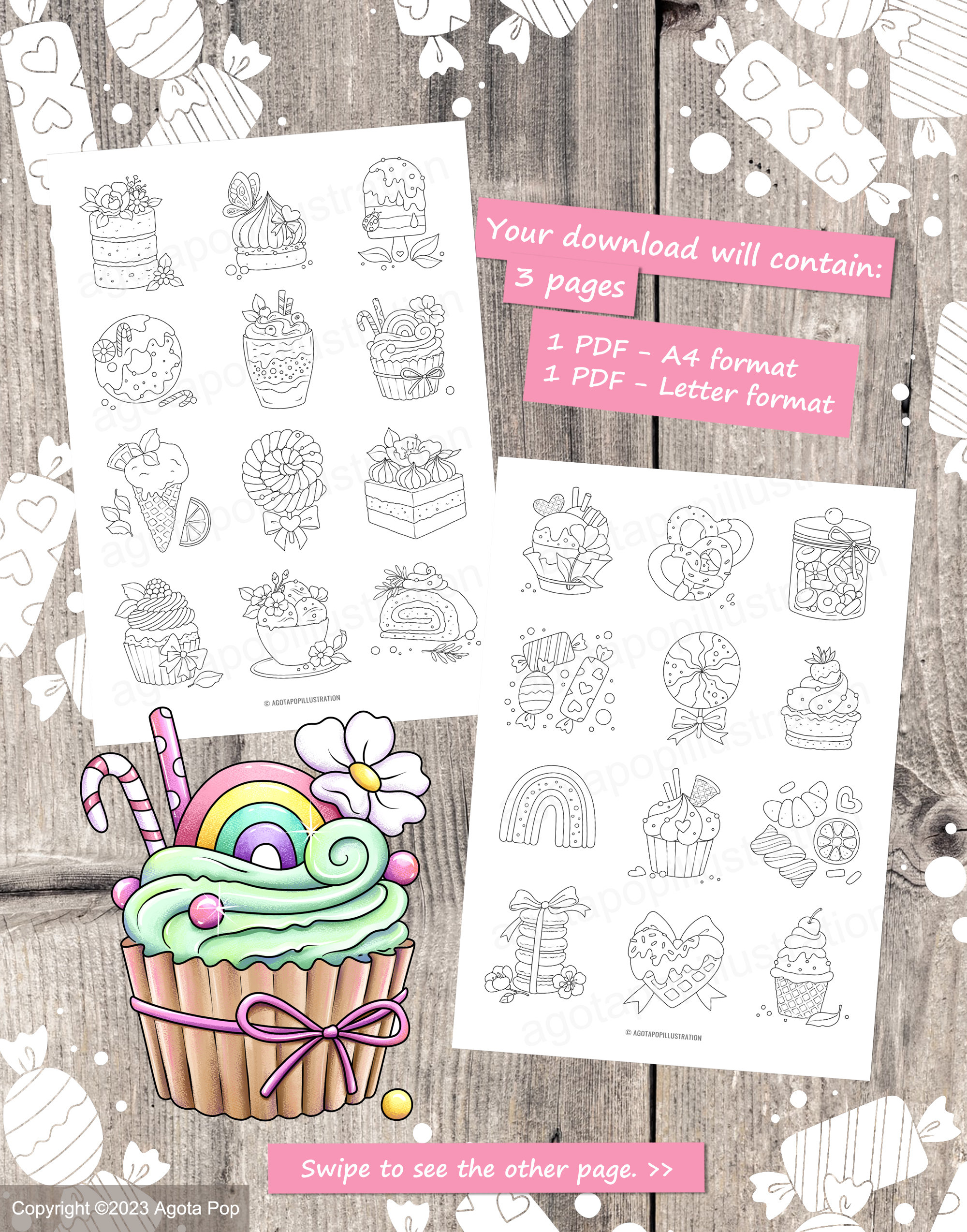 Sweets Coloring Page Set: Tiny Illustrations, Full Page Candy Wreath ...