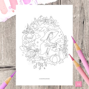 May include: A black and white line drawing of a witch flying on a broomstick. She is wearing a pointed hat and a long dress. She is carrying a bag and a pumpkin. There are stars, clouds, and other Halloween-themed elements in the background.