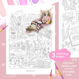 Puede incluir: Una página para colorear imprimible con la palabra June, materiales de arte como pinceles, una paleta y un cuaderno de bocetos, junto a casas caprichosas, flores y una pecera. Incluye el texto Magical Crayons y Sketchbook.