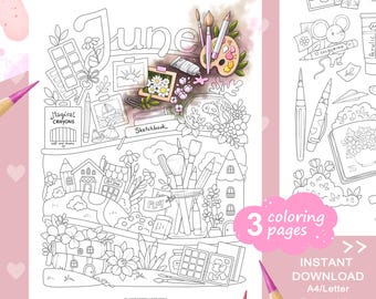 Set di pagine da colorare con piccole illustrazioni di giugno - Tema Materiali artistici. PDF stampabile.
