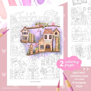 February Tiny Illustrations Coloring Page Set – Cozy Books, Flowers, Valentine's Day Theme. Printable PDF