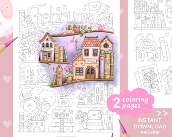 February Tiny Illustrations Coloring Page Set – Cozy Books, Flowers, Valentine's Day Theme. Printable PDF