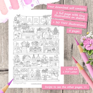 Tinies on Shelves MARCH Colouring Page Set for Adults. 5 pages. Printable PDF. Instant download. image 2