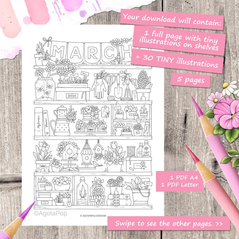 Tinies on Shelves MARCH Colouring Page Set for Adults. 5 pages. Printable PDF. Instant download. image 2