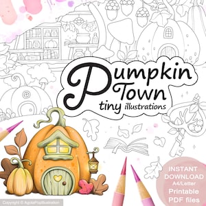 Kleurplaten Pumpkin Town: 27 kleine illustraties, gezellige paginagrote illustratie (afdrukbare pdf)