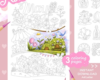 Set di pagine da colorare con piccole illustrazioni di maggio - Motivi floreali fantasiosi. PDF stampabile.