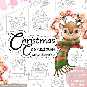 May include: A set of printable Christmas countdown illustrations featuring a reindeer with a red and green scarf, a train with presents, a car with presents, a drum, and a snowflake. The illustrations are black and white and perfect for coloring.