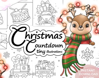 Christmas Countdown Colouring Page Set for Adults. 27 tiny illustrations. Printable PDF. Instant download.