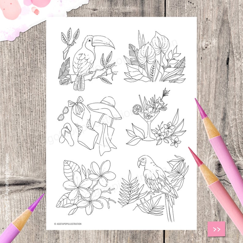 May include: Black and white line art illustrations of tropical plants, animals, and accessories. The illustrations include a toucan, a parrot, a cocktail, a swimsuit, a hat, sunglasses, and flowers.